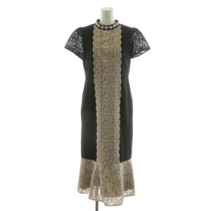 23AW ビジュー衿レースドレス ワンピース ミモレ ロング 半袖 36 ベージュ 黒 ブラック 0123335122