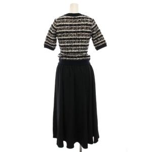 BARNEYS NEW YORK ツイード ドッキング ワンピース ロング ニット切替 半袖 F 黒 ブラック 白 2208705 /YM