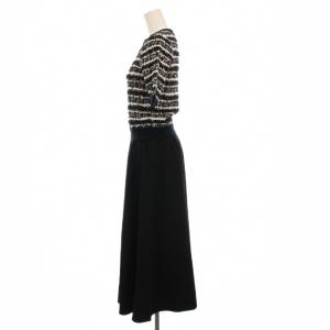 BARNEYS NEW YORK ツイード ドッキング ワンピース ロング ニット切替 半袖 F 黒 ブラック 白 2208705 /YM