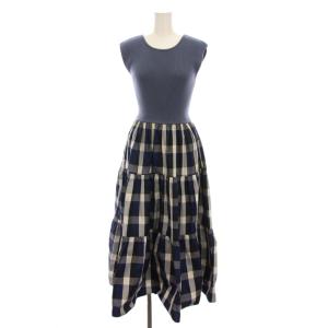 ノースリーブ ワンピース ロング ニット切替 チェック F 青 ブルー 紺 白 黒 2169944 /YM