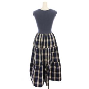 BARNEYS NEW YORK ノースリーブ ワンピース ロング ニット切替 チェック F 青 ブルー 紺 白 黒 2169944 /YM