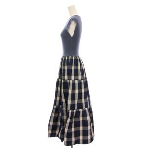 BARNEYS NEW YORK ノースリーブ ワンピース ロング ニット切替 チェック F 青 ブルー 紺 白 黒 2169944 /YM