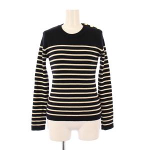 ニット セーター 長袖 クルーネック ウール ボーダー柄 F 黒 ブラック アイボリー /BB