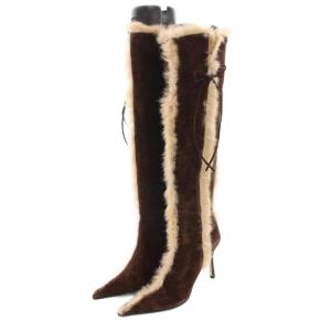 ロングブーツ ヒール スエード ファー 24.5cm 茶 /YM D