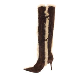 GINZA Kanematsu ロングブーツ ヒール スエード ファー 24.5cm 茶 /YM D