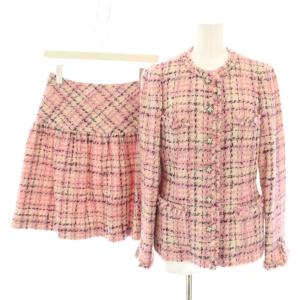 スーツ セットアップ 上下 ノーカラージャケット スカート ひざ丈 フレア フリンジ 38 ピンク 紫