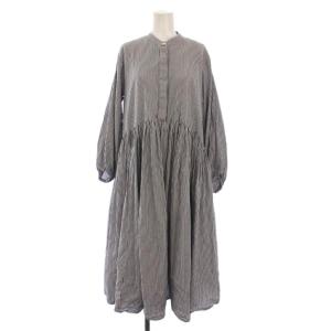 23SS 先染めギャザーワンピース 長袖 ロング ストライプ柄 0 白 青 BEZ1031209A0001