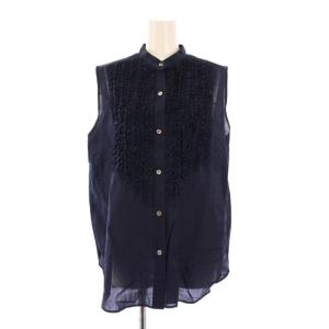 シャツ ブラウス ノースリーブ バンドカラー フリル ワンカラー 麻 リネン混 F 紺 ネイビー /BB