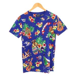 CUSTOM SLIM FIT Tシャツ 半袖 クルーネック ストレッチ アロハ柄 ロゴ 総柄 XS 青