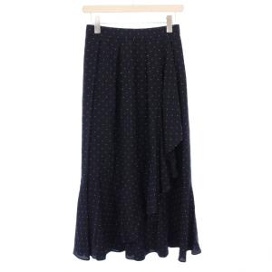 フレアスカート ミモレ ロング フリル 装飾 シルク混 ドット柄 34 紺 ネイビー /BB