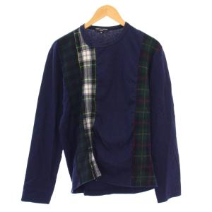 AD2011 Tシャツ ロンT 長袖 クルーネック ウール 切替 チェック柄 M 紺 ネイビー /BB