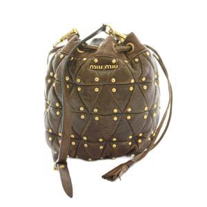 ショルダーバッグ バケットバッグ 巾着 スタッズ キルティング レザー 茶 ブラウン ゴールドカラー /YT