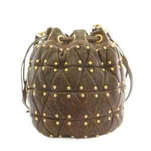 miumiu ショルダーバッグ バケットバッグ 巾着 スタッズ キルティング レザー 茶 ブラウン ゴールドカラー /YT