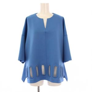 24SS オーバルカットワークブラウス シャツ 七分袖 スキッパー ストレッチ 38 青 ブルー 5314110509