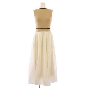 25SS ラインニットドッキングワンピース フレア マキシ ロング ノースリーブ 切替 F ベージュ アイボリー