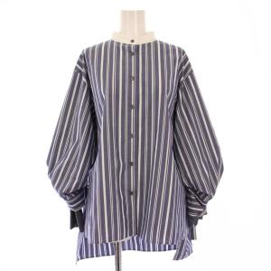 マルチストライプシャツ ブラウス 長袖 バンドカラー ウール バイカラー 38 青 ブルー 白 ホワイト