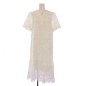 カットワークパフワンピース フレア ミモレ ロング 半袖 スキッパー 刺繍 ワンカラー 白 ホワイト 0322231176