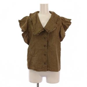 シャツ ブラウス 半袖 フリル リネン S 茶 /BM