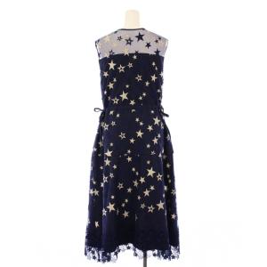 Diagram スター刺繍レースワンピース フレア ミモレ ロング ノースリーブ クルーネック 切替 星柄 38 紺 ネイビー