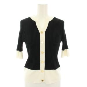 25AW バイカラーキーネック5分袖カーディガン ニットカーディガン リブ編み タグ付き 2 黒 ブラック