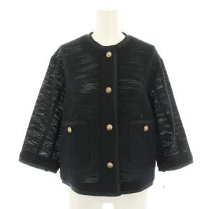 25AW サマーツイード 7分袖ジャケット ノーカラージャケット アウター タグ付き 38 紺 ネイビー