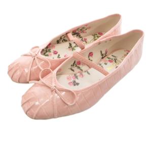 美品 パンプス バレエシューズ フラットシューズ 24.5cm ピンク クロコ型押し リボン /IU
