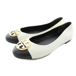 パンプス バレエシューズ レザー バイカラー ロゴ 7M 白 ホワイト 黒 ブラック 143461 /KU