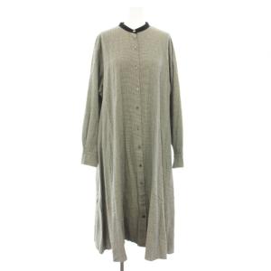 ボリュームフレアワンピース ロング バンドカラー 長袖 千鳥格子柄 黒 ブラック 白 ホワイト /YT