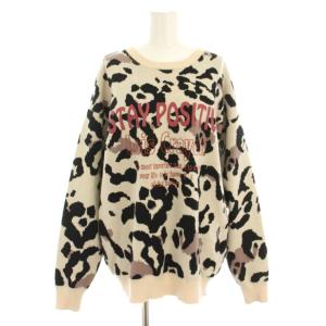 ニット セーター クルーネック 長袖 レオパード柄 ヒョウ柄 ロゴプリント 刺繍 M ベージュ 黒 ブラック