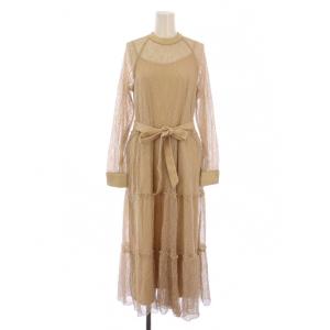 SHIRRING SHEER DRESS ワンピース ロング 長袖 総レース ウエストリボン ペチコート付き