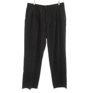 美品 スラックス テーパードパンツ ツータック L 黒 ブラック ストライプ柄 /YJ