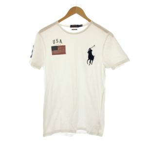 Tシャツ S 白 半袖 ロゴ刺繍 アメリカ国旗プリント /JP