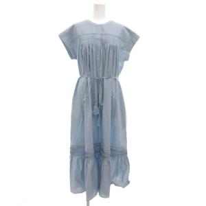 タグ付き 半袖ワンピース ロング 2 水色 ライトブルー プリーツ リボンベルト タッセル レース /GV