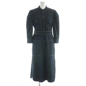 ワンピース デニム シャツワンピース ひざ丈 42 紺 ネイビー ベルト付き バンドカラー パフスリーブ