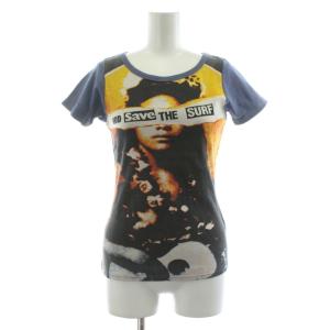 Tシャツ カットソー プリント 半袖 F 紺 ネイビー 黄 イエロー /KU