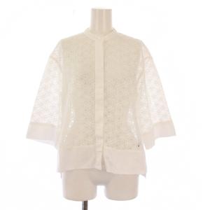 24SS ホイールコードレースショートコンビブラウス シャツ 五分袖 バンドカラー 刺繍 36 白 ホワイト