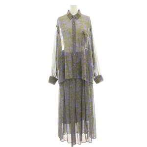 セットアップ 上下 シャツ ブラウス 長袖 フレアスカート ロング マキシ 総柄 シアー 2 M 紫 パープル