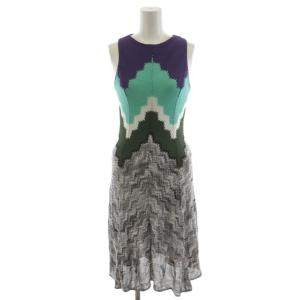 ニットワンピース ミモレ ロング ノースリーブ シルク 絹 38 マルチカラー 紫 パープル 緑 グリーン