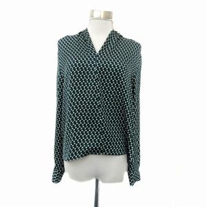 シャツ ブラウス Vネック 長袖 総柄 緑 グリーン 黒 ブラック /HO40