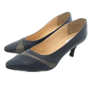 切替デザインポインテッドトゥパンプス ヒール 24 ネイビー 紺 /IU