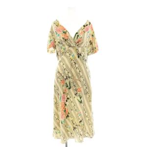 ワンピース ロング 絹 シルク F ゴールドカラー 金色 ベージュ マルチカラー 花柄 総柄 RN 125723