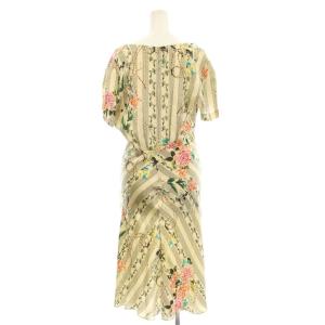 GALLIANO ワンピース ロング 絹 シルク F ゴールドカラー 金色 ベージュ マルチカラー 花柄 総柄 RN 125723