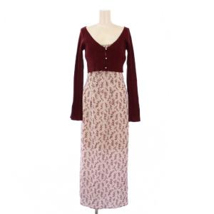 ニットカーデセットキャミワンピース タイト マキシ ロング リブ 長袖 Vネック ショート丈 1 ボルドー