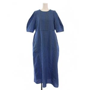 オープン バックリボン チェックワンピース ロング 半袖 38 青 1526-162-3883 /BM