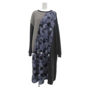 ワンピース ボア切替 ミモレ ロング 黒 ブラック グレー 青 ブルー 裏起毛 /YJ