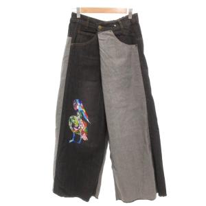 ペリカン柄バイカラーデニムパンツ ジーンズ ラップフロント イージー ワイド M 黒 ブラック グレー