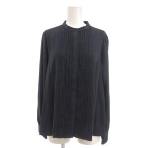 美品 長袖シャツ ブラウス レース S 紺 ネイビー バンドカラー /YJ