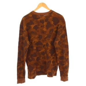A BATHING APE サーマルTシャツ 長袖 クルーネック ワッフル カモフラ 迷彩柄 総柄 L 茶 ブラウン /BB