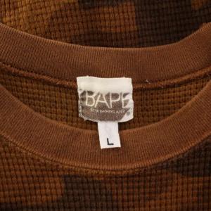 A BATHING APE サーマルTシャツ 長袖 クルーネック ワッフル カモフラ 迷彩柄 総柄 L 茶 ブラウン /BB