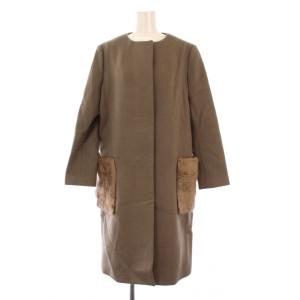 ノーカラーコート アウター ロング丈 ウール カシミヤ混 フェイクファー 切替 36 カーキ /BB